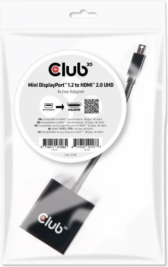 Adapter Club3D Mini DisplayPort në HDMI 2.0, 4K60Hz, i zi