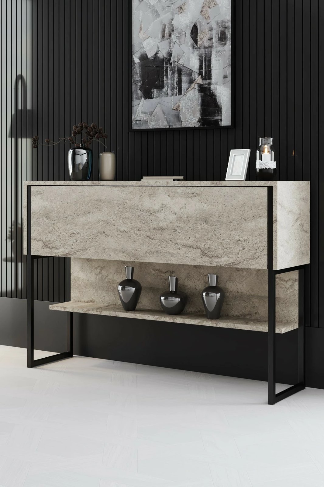Komodë Hanah Home, Luxe, travertin, e zezë