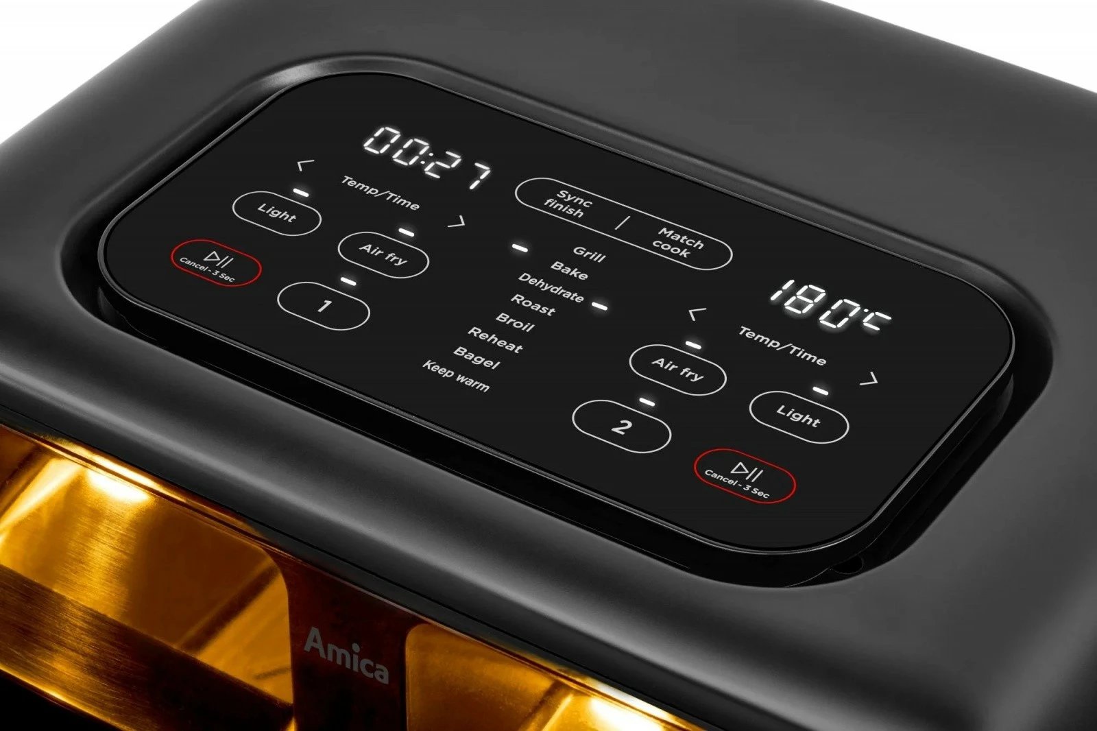 Fritezë me ajër, Amica, AFM 7020, me dy dhoma, 8 L, 2400 W, panel me prekje, dritare vëzhgimi, e zezë