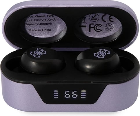 Kufje TWS Guess GUTWST31EU me Bluetooth 5.0, me stacion karikimi 400mAh, Violet