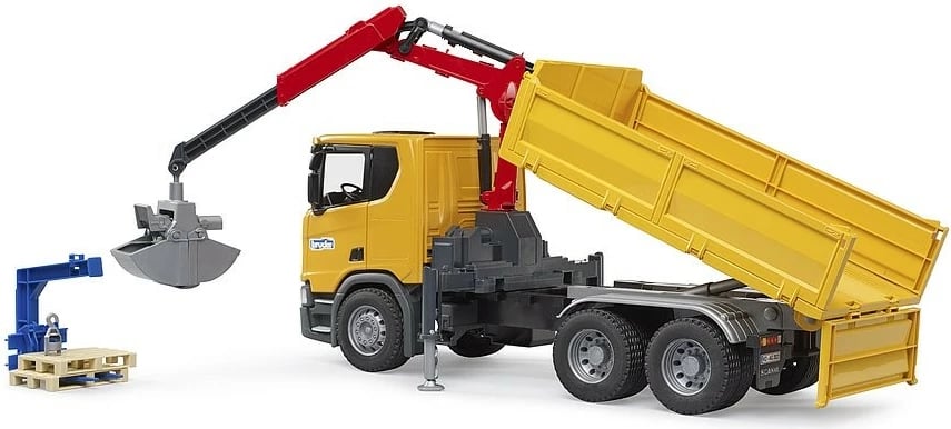 kamion lodër BRUDER Scania Super 560R BR-03551 1:16 me vinç dhe 2 paleta e verdhë/e kuqe