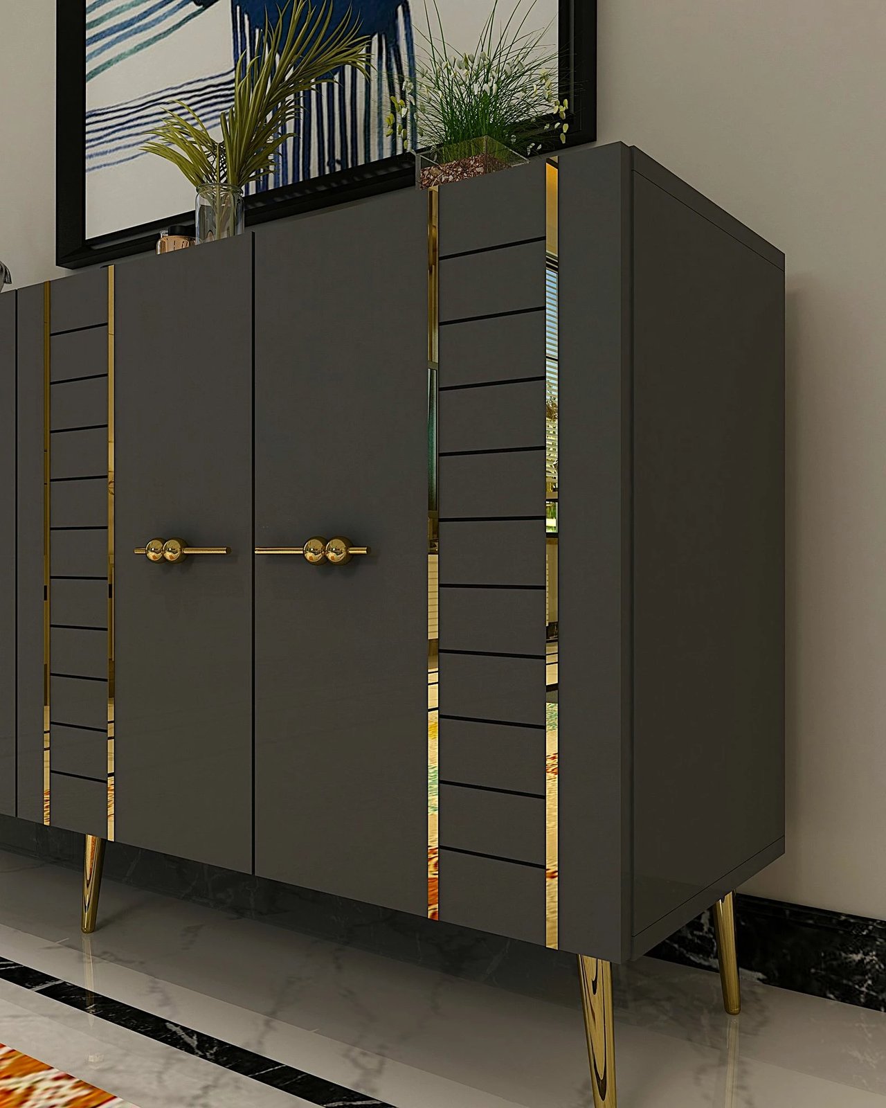 Konsolë Skye Decor, ngjyrë antracit, ari