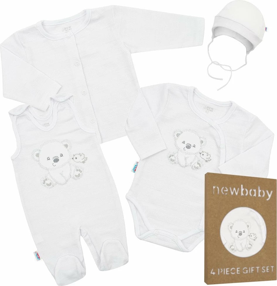 Set bebesh, New Baby, Sweet Bear, 100% pambuk, madhësia 62 (3-6m), e bardhë, set 4-copësh