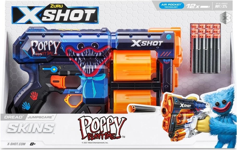 Lodër blaster ZURU X-Shot Dread Skins Launcher, 12 shigjeta, Poppy Playtime, shumëngjyrëshe