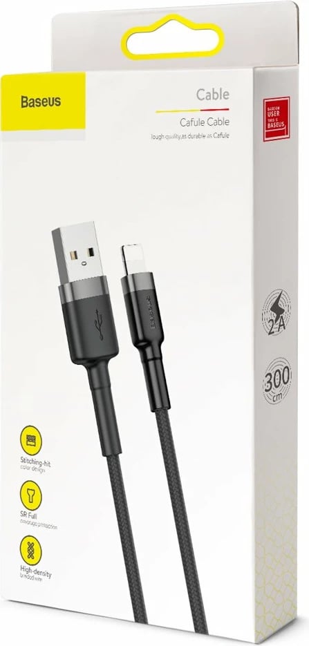 Kabllo Baseus Cafule CALKLF-RG1, USB-A në Lightning, 3m, 2A, QC 3.0, e zezë/gri