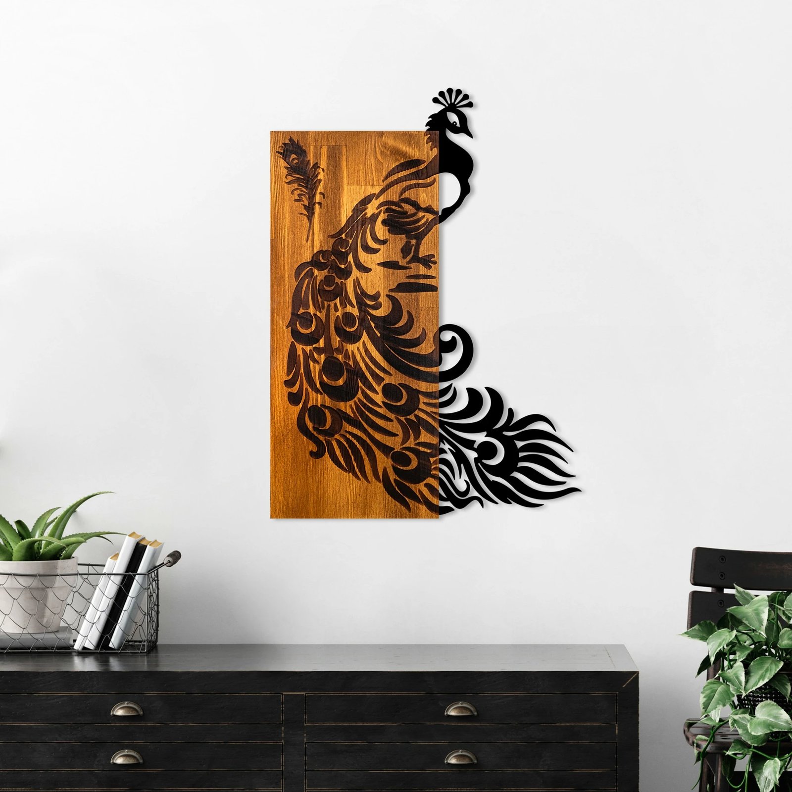 Aksesor dekorativ prej druri për mur, Wallity, pallua, ngjyrë arre dhe e zezë