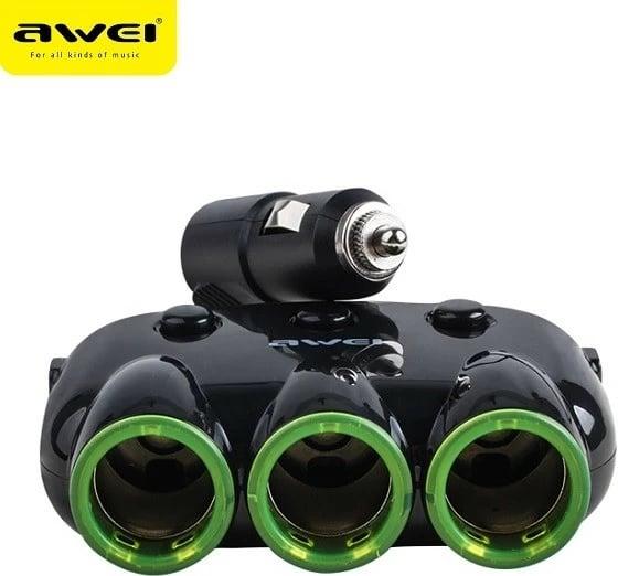 Ndarës çakmaku për makinë AWEI C-3S, 2xUSB, 3 dalje çakmaku, i zi