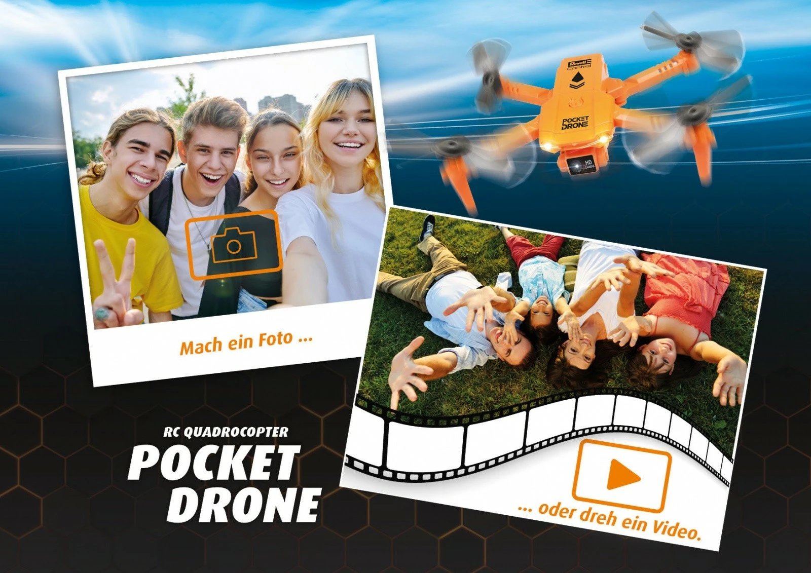Dron Revell RC Pocket Drone, me telekomandë, kamerë 720p, portokalli/zi Dron Revell RC Pocket Drone, me telekomandë, kamerë 720p, portokalli/zi