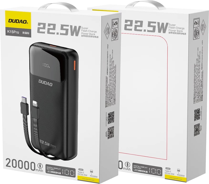 Powerbank Dudao K15Pro, 20000mAh, 22.5W, me kabllo të integruara Lightning dhe USB-C, Ekran LED, e zezë
