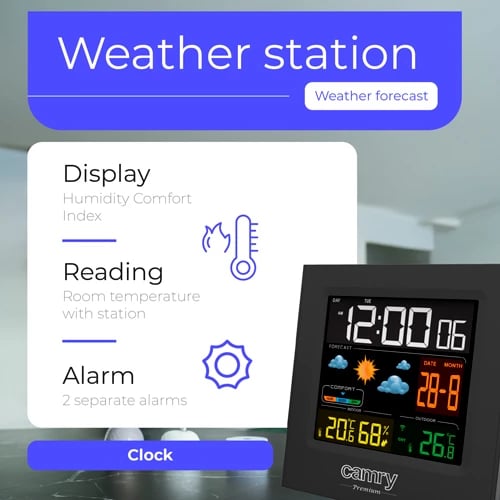 Stacion moti, Adler Camry CR 1166, ekran me ngjyra, temperaturë brenda/jashtë, higrometër, parashikim vranësirash, orë me 2 alarma, sondë e jashtme, e zezë Stacion moti, Adler Camry CR 1166, ekran me ngjyra, temperaturë brenda/jashtë, higrometër, parashikim vranësirash, orë me 2 alarma, sondë e jashtme, e zezë