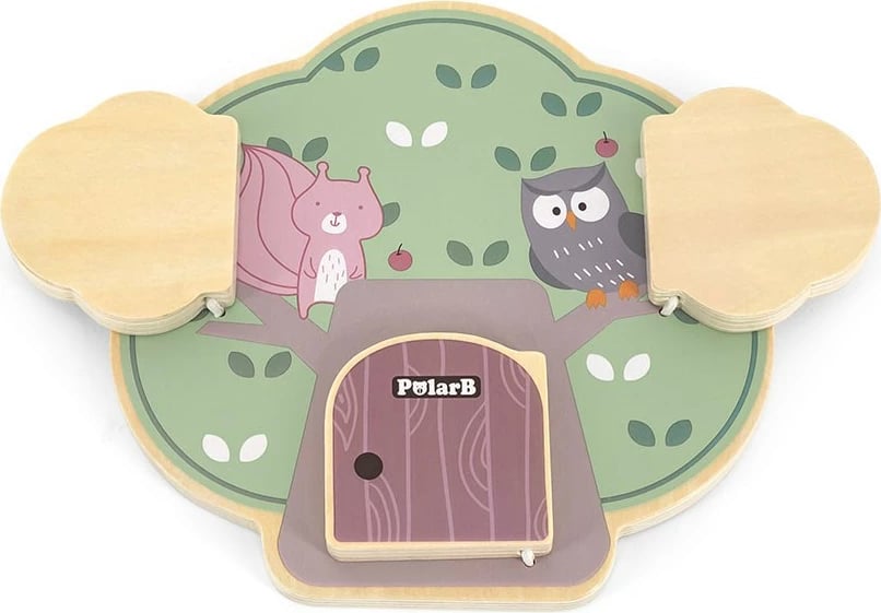 Dërrasë manipulative druri, Viga (PolarB), formë peme, 3 dyer me kafshë, 172x40x252 mm, 12M+, multingjyrëshe