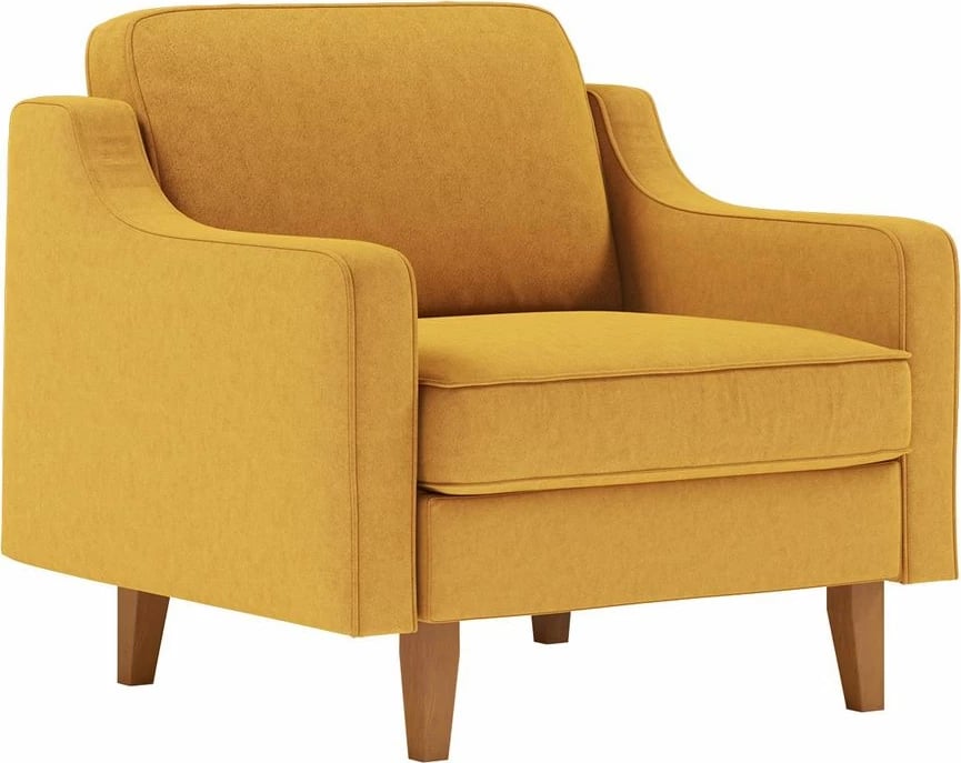 Karrige një vendëshe Robin, ngjyrë mustardë, këmbë druri arre