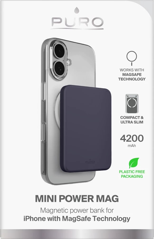 Bateri e jashtme MagSafe ultra e hollë, Puro, Slim Power Mag 4200 mAh, USB-C, karikim pa tela 15W, gri