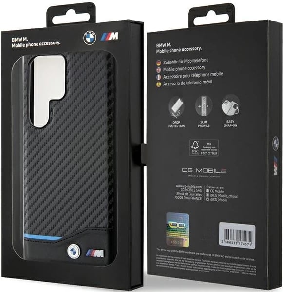 Mbështjellës BMW Leather Carbon për Samsung Galaxy S24 Ultra S928, i zi
