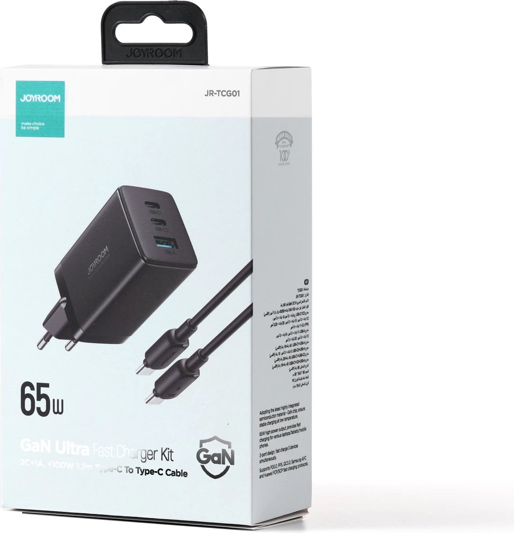 Karikues i shpejtë GaN Joyroom TCG01, 65W, 2x USB-C & 1x USB-A, me kabllo USB-C në USB-C 100W, i zi
