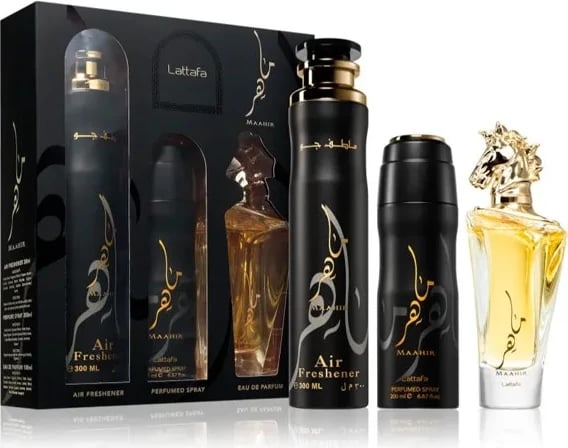 Set Eau de Parfum unisex Lattafa Maahir me dezodorant dhe freskues ambienti, 100ml + 200ml + 300ml