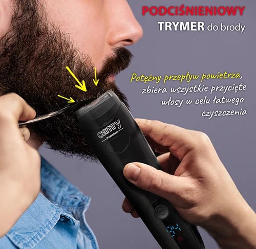 Trimer mjekre me vakum, Camry CR 2833, pa kabllo, LCD, 60 min, karikim USB, 2 përshtatës 3–12 mm, e zezë