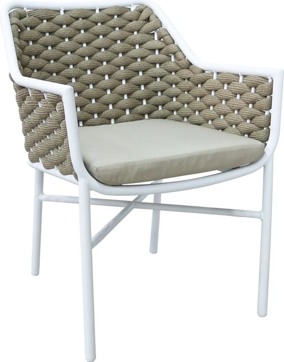 Karrige me krahë Ortegia, alumini, e bardhë, litar kaki, 57x62x82cm