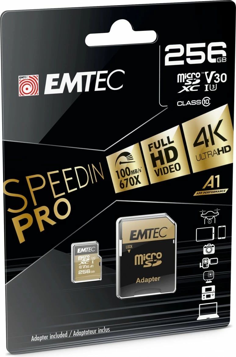 MicroSDXC EMTEC SpeedIN Pro 256GB, Class 10, UHS-I, kafe
