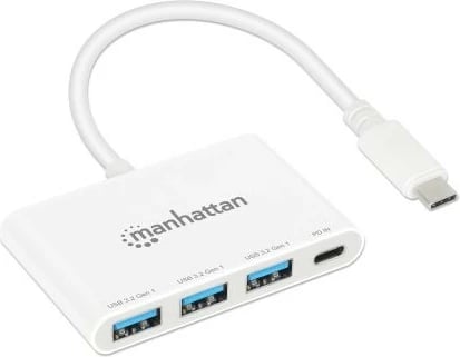 USB hub MANHATTAN 3-Port USB 3.0 Typ-C me PD, i bardhë