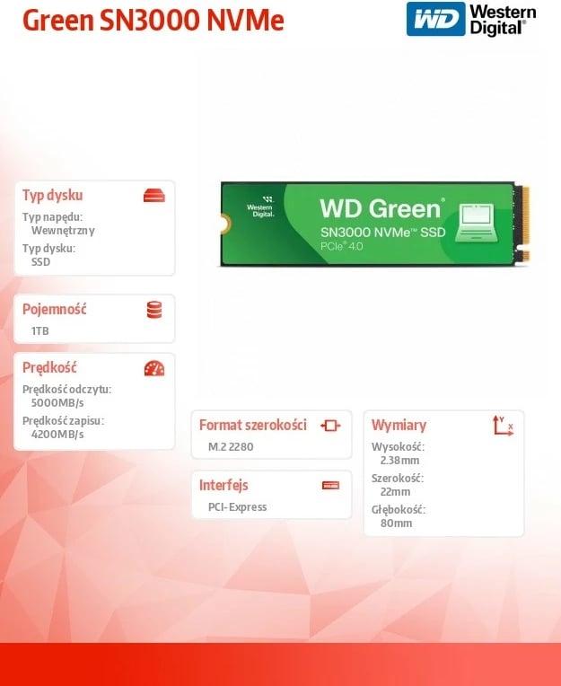 SSD Western Digital Green SN3000 NVMe, 1TB, M.2 2280, PCIe 4.0