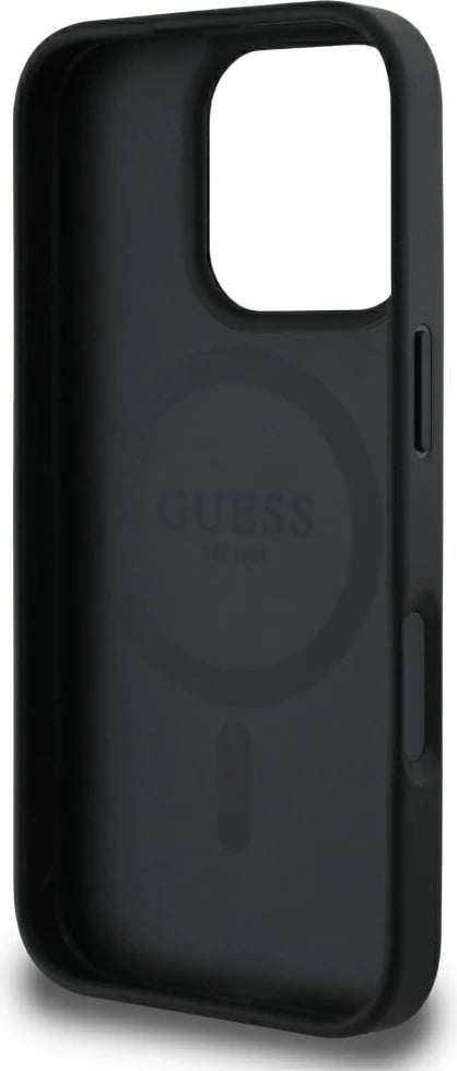 Mbështjellës Guess Grained Hot Stamp Peony Triangle Logo MagSafe për iPhone 16 Pro Max, i zi