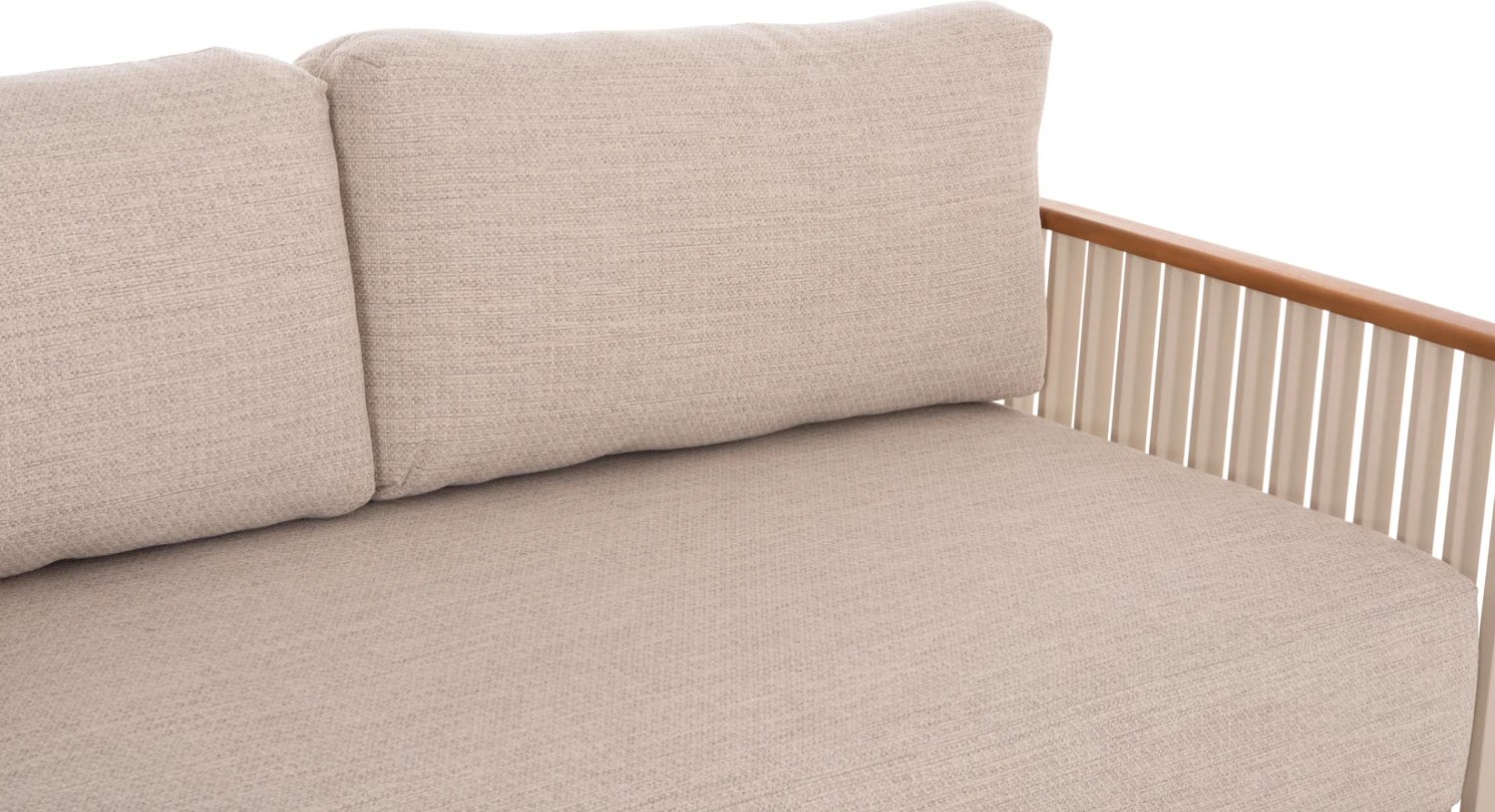 Set salloni për jashtë, 4 pjesë, kornizë alumini, ngjyrë krem, jastëkë bezhë, mbështetëse teak, tavolinë me sipërfaqe guri të sinterizuar, Candeo ETERNITY