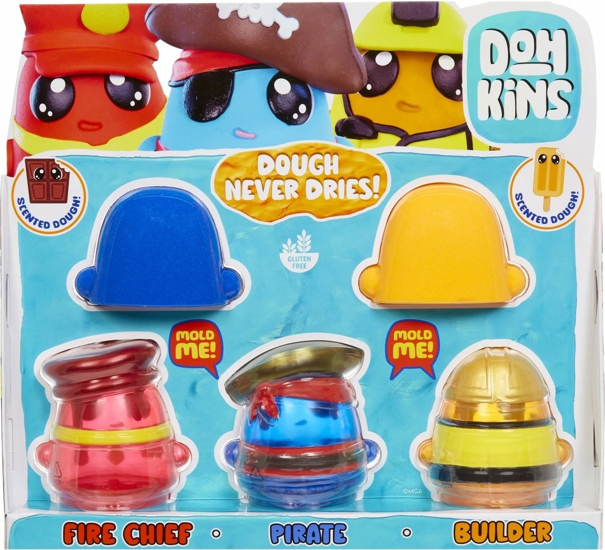 Set plastelinë, MGA DohKins Hero Pack 123026-EUC/23040, brumë që nuk thahet, me aromë, 2 ngjyra, kallëpe ndërtues/pirat/shef zjarri, set