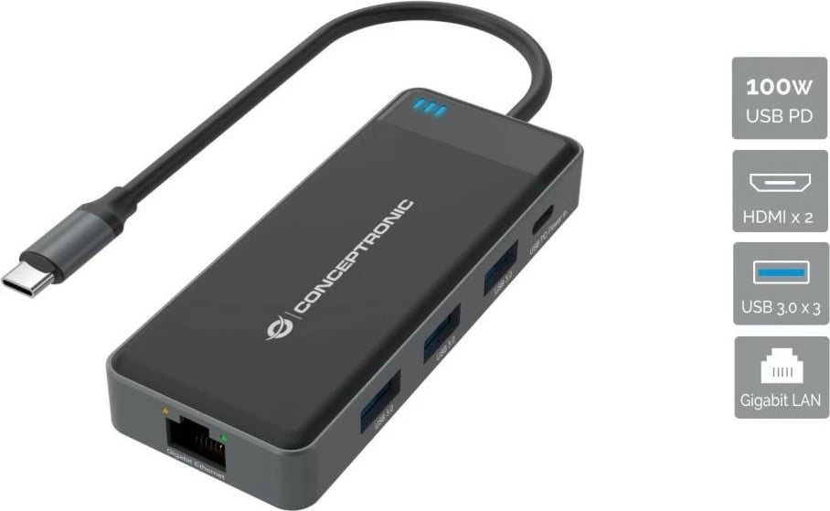 Docking station Conceptronic 7-1, 2x HDMI, 3x USB 3.0, Gigabit LAN, USB-C, 100W, 25cm, gri