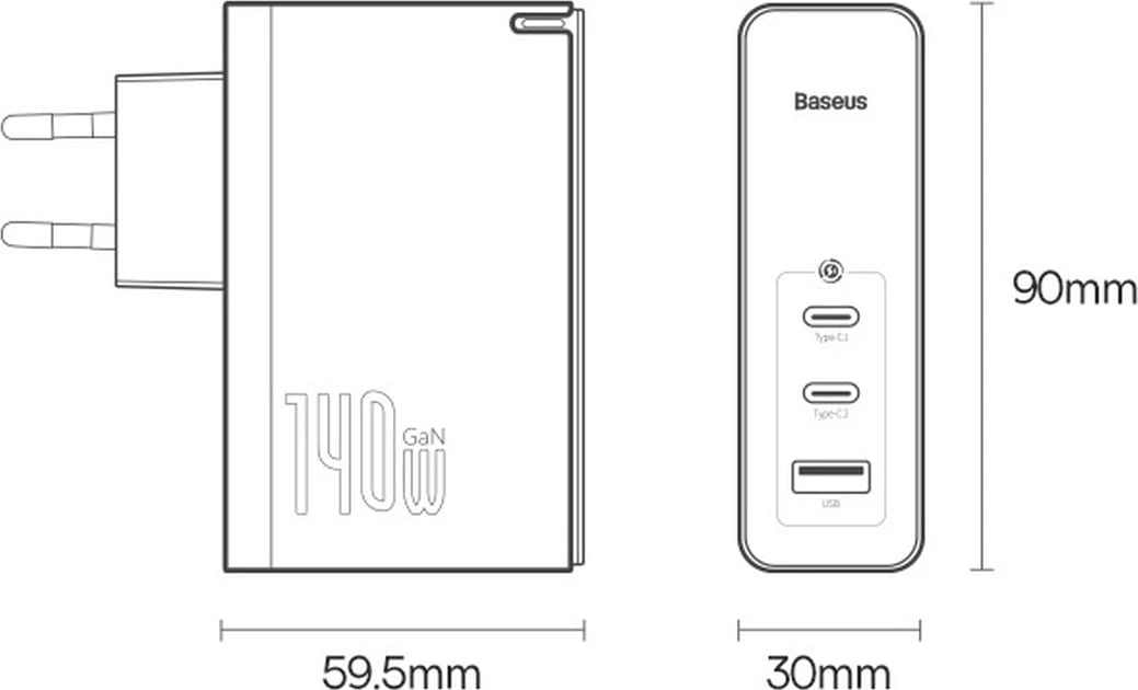 Karikues i shpejtë Baseus GaN5 Pro, 140W, 2x USB-C + USB-A, EU, i zi