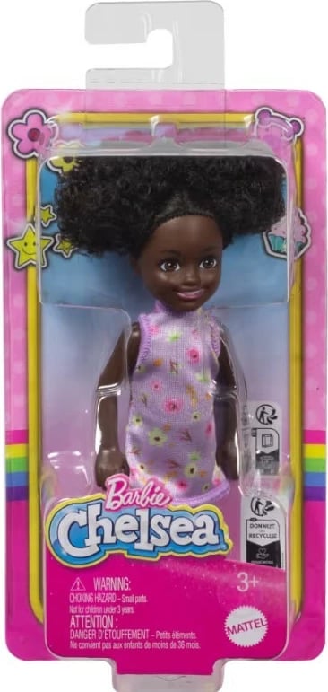 Kukull Barbie Chelsea Mattel DWJ33/HXM96, 15 cm, fustan i purpurt, flokë kaçurrela të zeza