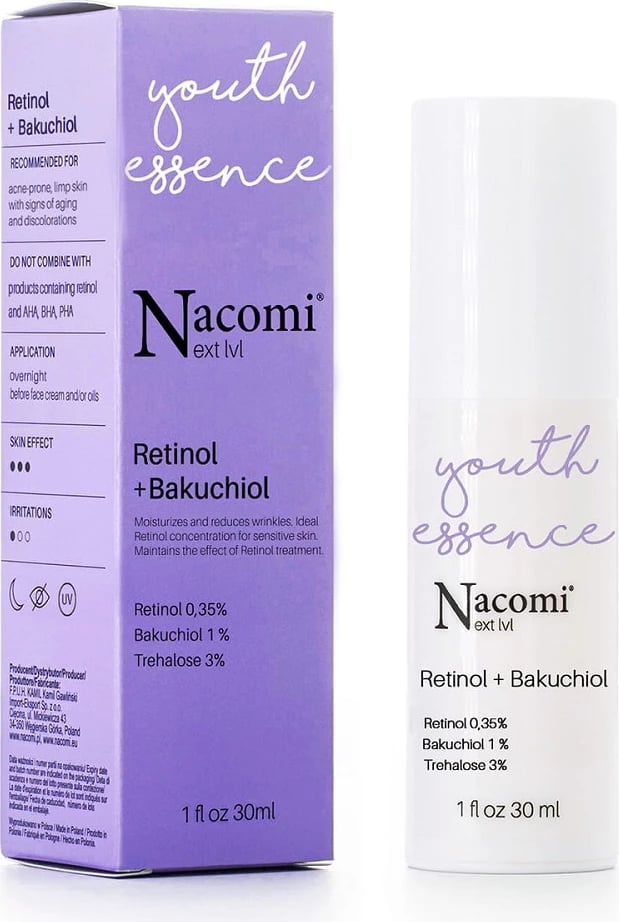 Serum fytyre anti-rrudhë Nacomi Next Level Retinol 0.35% + Bakuchiol 1% për femra, 30ml Serum fytyre anti-rrudhë Nacomi Next Level Retinol 0.35% + Bakuchiol 1% për femra, 30ml