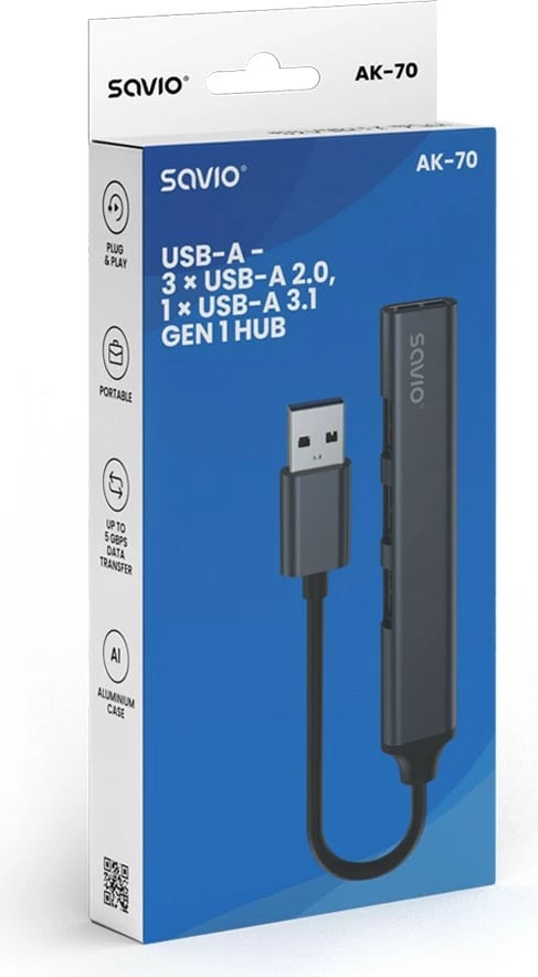 Hub USB-A 4 porta Savio AK-70, 3x USB-A 2.0, 1x USB-A 3.1 Gen 1, 5 Gbps, Alumini, Gri