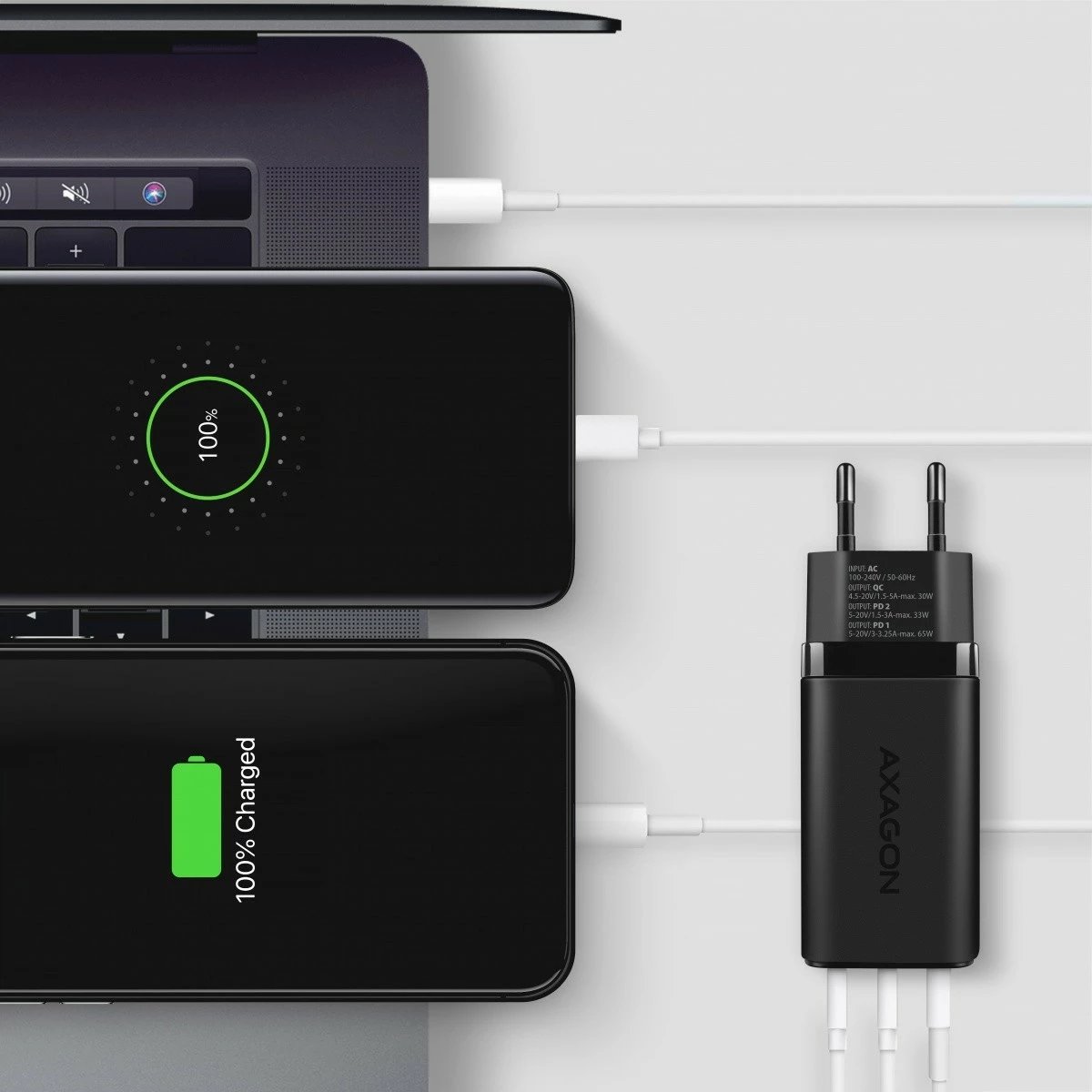 Adapter karikues AXAGON ACU-DPQ65, GaN 65W, 3 porta (USB-A + 2x USB-C), i zi