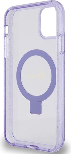 Mbështjellës Guess Ring Stand Script Glitter MagSafe për iPhone 11/XR, vjollcë