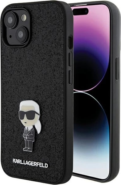 Mbështjellës Karl Lagerfeld Glitter Ikonik Logo Metal për iPhone 15, i zi