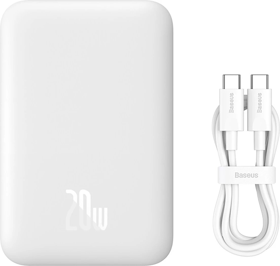 Powerbank Baseus Magnetic Mini Air PPCXM06A, 6000mAh, 20W, MagSafe, me kabllo USB-C, Bardhë