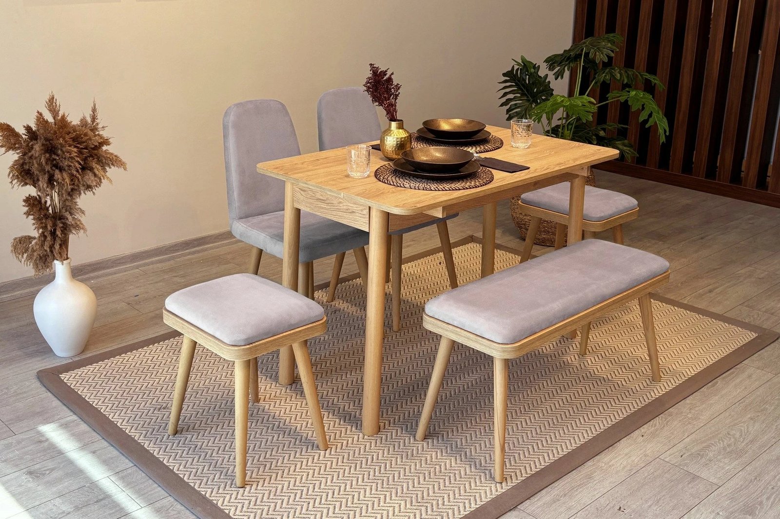 Set tavolinë me karrige për ngrënie, zgjatues, 6 pjesë, Skye Decor, Vina Mini 03 0701, ngjyrë lisi, Soho gri