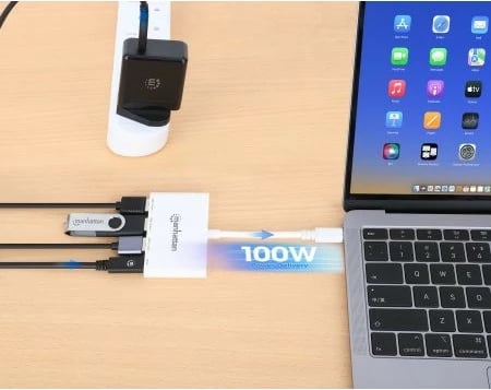 USB hub MANHATTAN 3-Port USB 3.0 Typ-C me PD, i bardhë