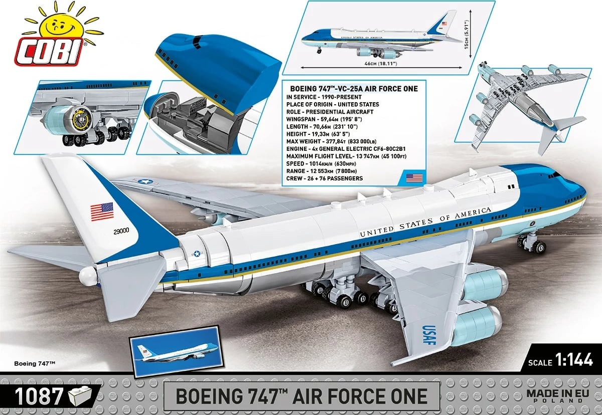 Set blloqe ndërtimi Cobi Boeing 747 Air Force One, 1087 pjesë, plastikë, ekstra i madh
