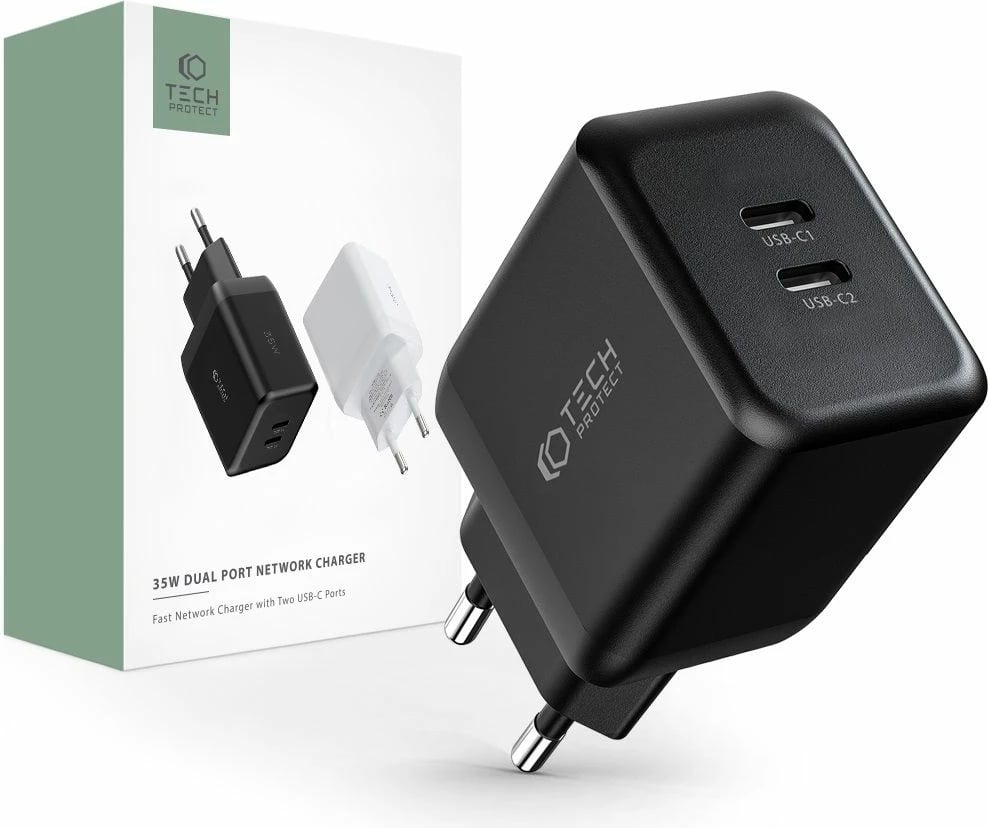 Karikues rrjeti Tech-Protect C35W, 2x USB-C PD 35W, zi