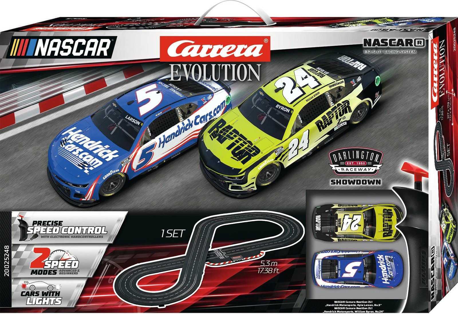 Set garash Carrera Evolution NASCAR Darlington Showdown, 2 makina, pistë 5.3m, multingjyrëshe