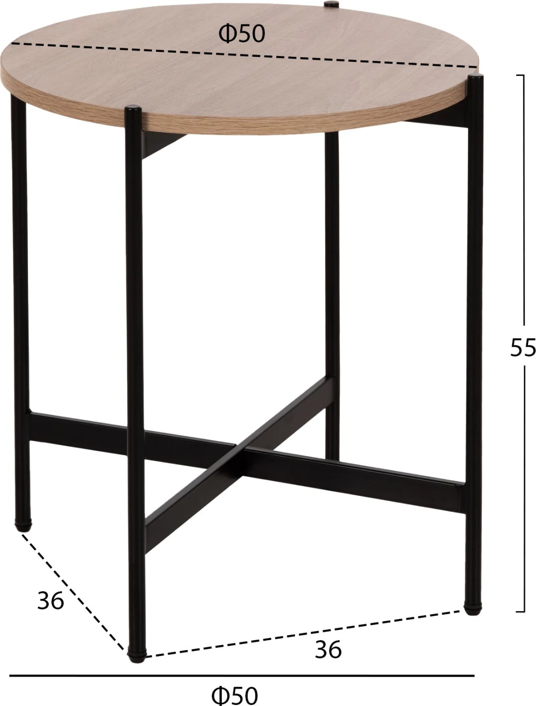 Tavolinë anësore FH9589.03 MDF SONOMA-Bazë metalike e zezë Φ50x55Hcm
