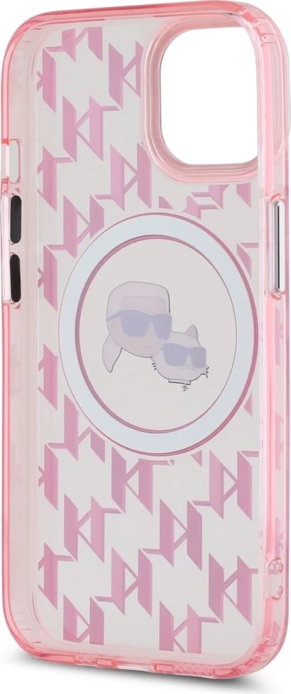 Mbështjellës Karl Lagerfeld IML Monogram Karl & Choupette Head MagSafe për iPhone 15 Plus, Rozë