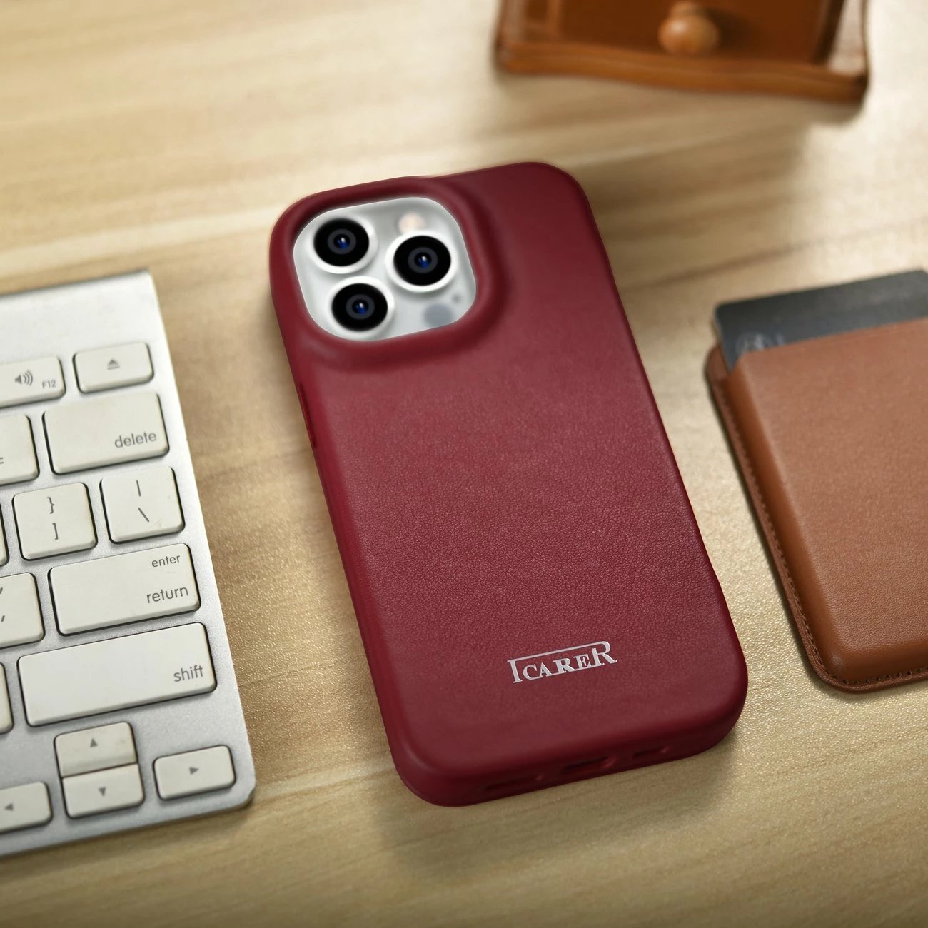 Mbështjellës iCarer CE Premium lëkurë folio për iPhone 14 Pro Max, MagSafe, Kuq