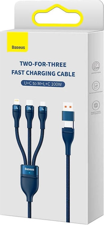 Kabllo 3-në-1 Baseus Flash Series 2, 1.2m, 100W, USB-C + micro USB + Lightning, blu