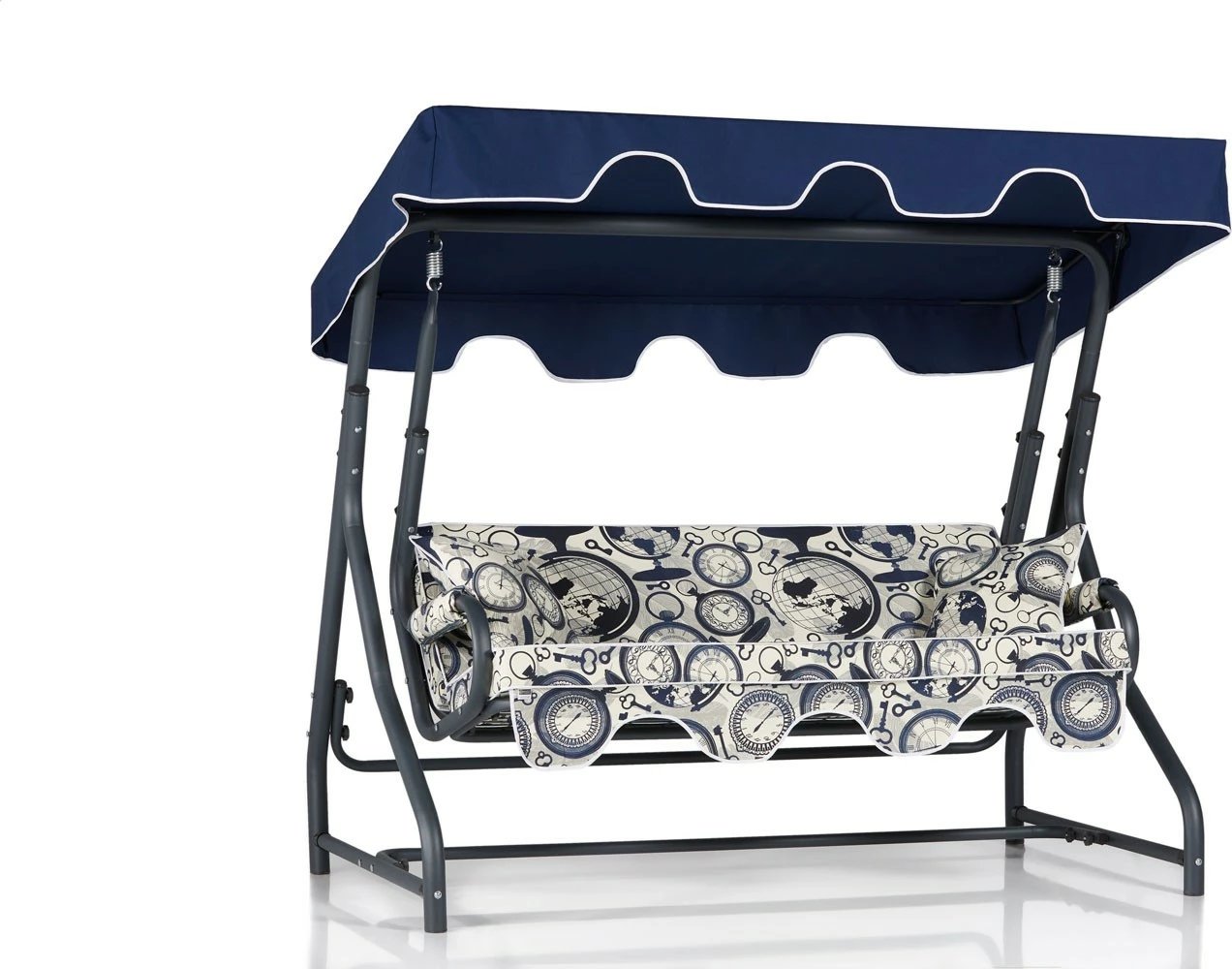 Karrige lëkundëse treshe për kopsht, ngjyrë kaltër e errët, krem, e zezë, Ruta 7