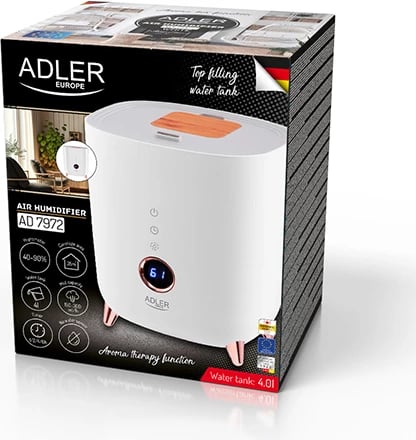 Lagështues ajri ultrasonik, Adler, AD 7972, 4L, 35 m2, LED display me butona prekje, aromaterapi, timer, i bardhë