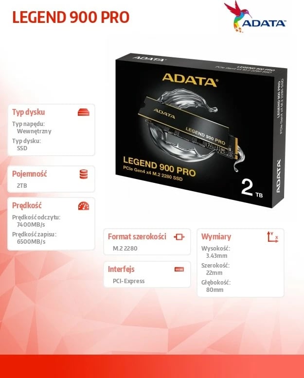 SSD Adata LEGEND 900 PRO, 2TB, M.2 2280, PCIe 4x4, i zi
