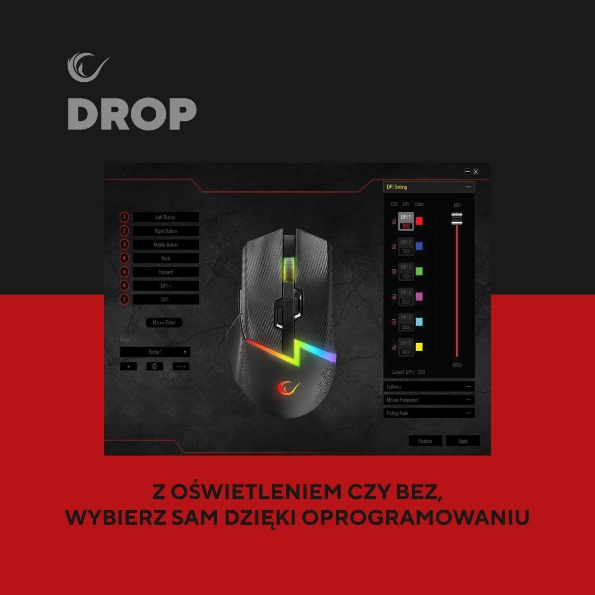 Maus Rampage DROP M3 RGB 1000Hz, i zi